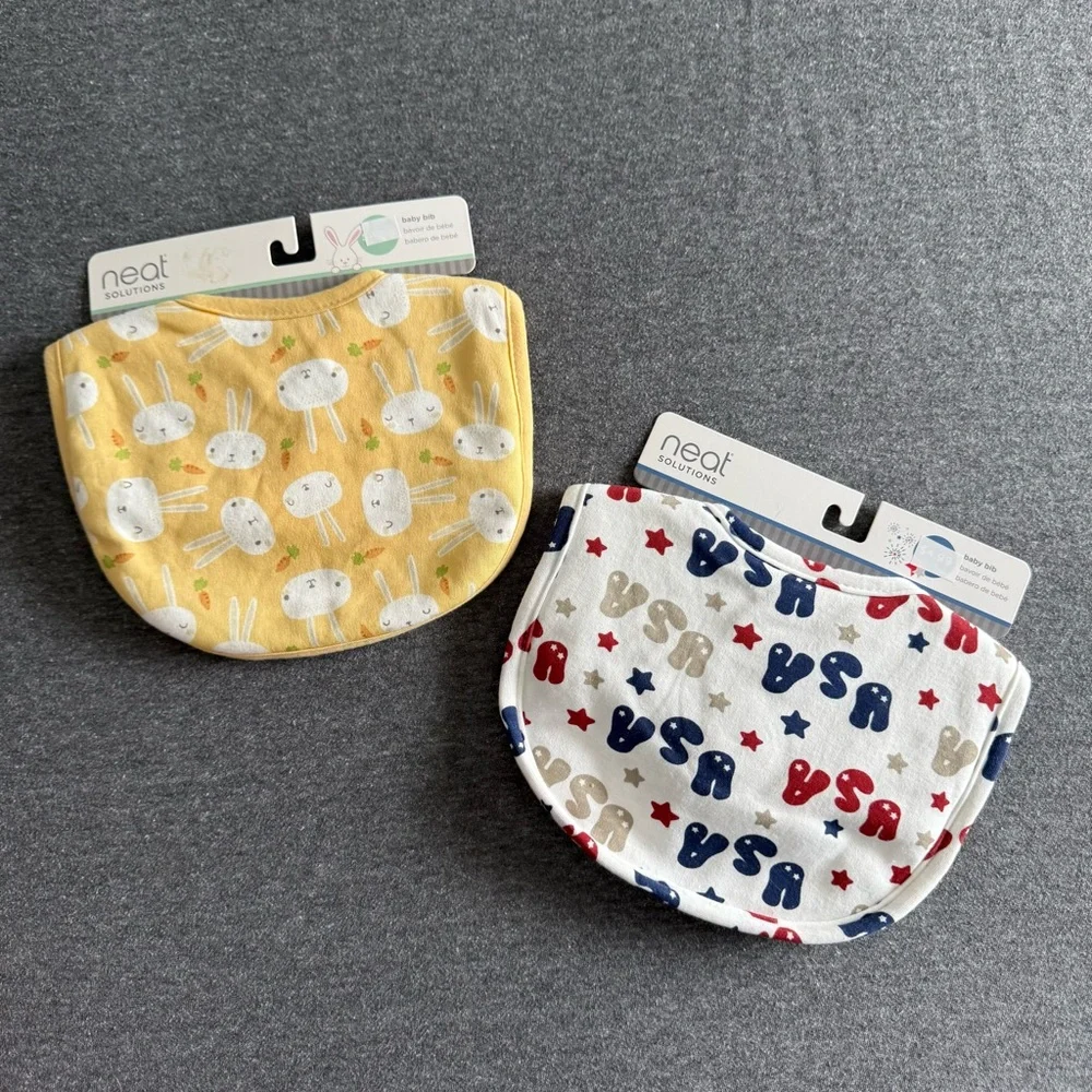 NWT (2) Neat Solutions Bibs size 0-6 Boy or Girl 4th July USA Easter Bunny